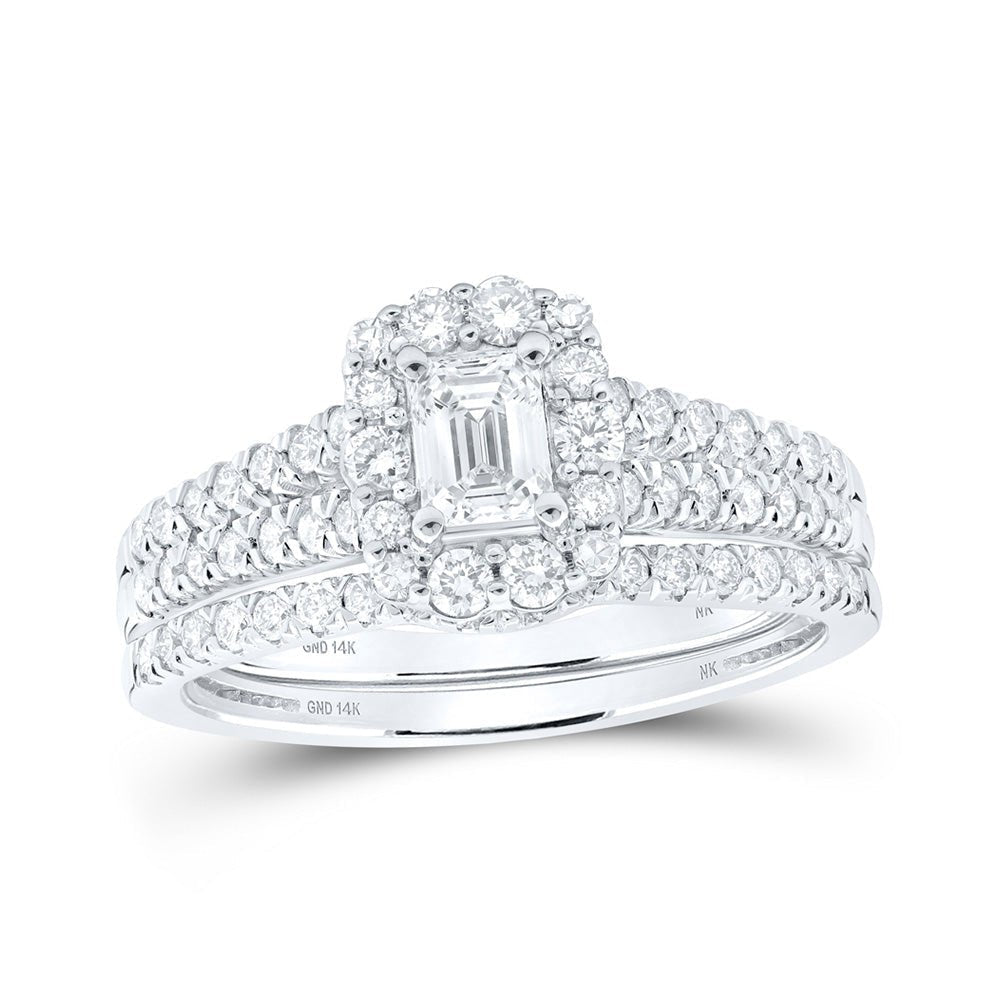 Enchanting Elegance: 14kt White Gold Emerald Diamond Halo Bridal Wedding Ring Band Set 1 Cttw - Splendid Jewellery