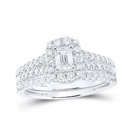 Enchanting Elegance: 14kt White Gold Emerald Diamond Halo Bridal Wedding Ring Band Set 1 Cttw - Splendid Jewellery