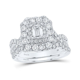 Enchanting Elegance 14kt White Gold Emerald Diamond Halo Bridal Wedding Ring Band Set - Splendid Jewellery
