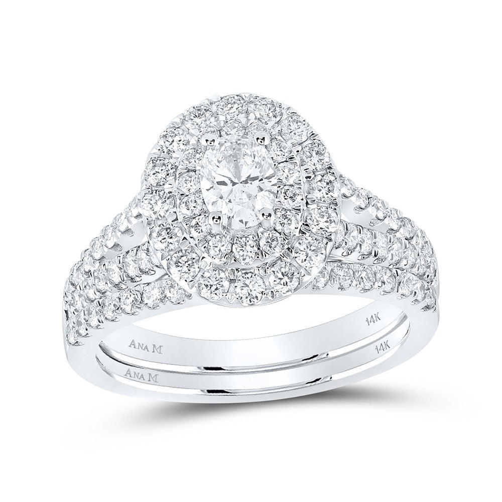 Enchanting Elegance: 14kt White Gold Oval Diamond Halo Bridal Wedding Ring Band Set 1 - 1/2 Cttw - Splendid Jewellery