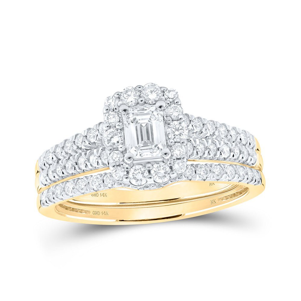Enchanting Emerald Diamond Halo Wedding Ring Set in 14kt Yellow Gold - Splendid Jewellery
