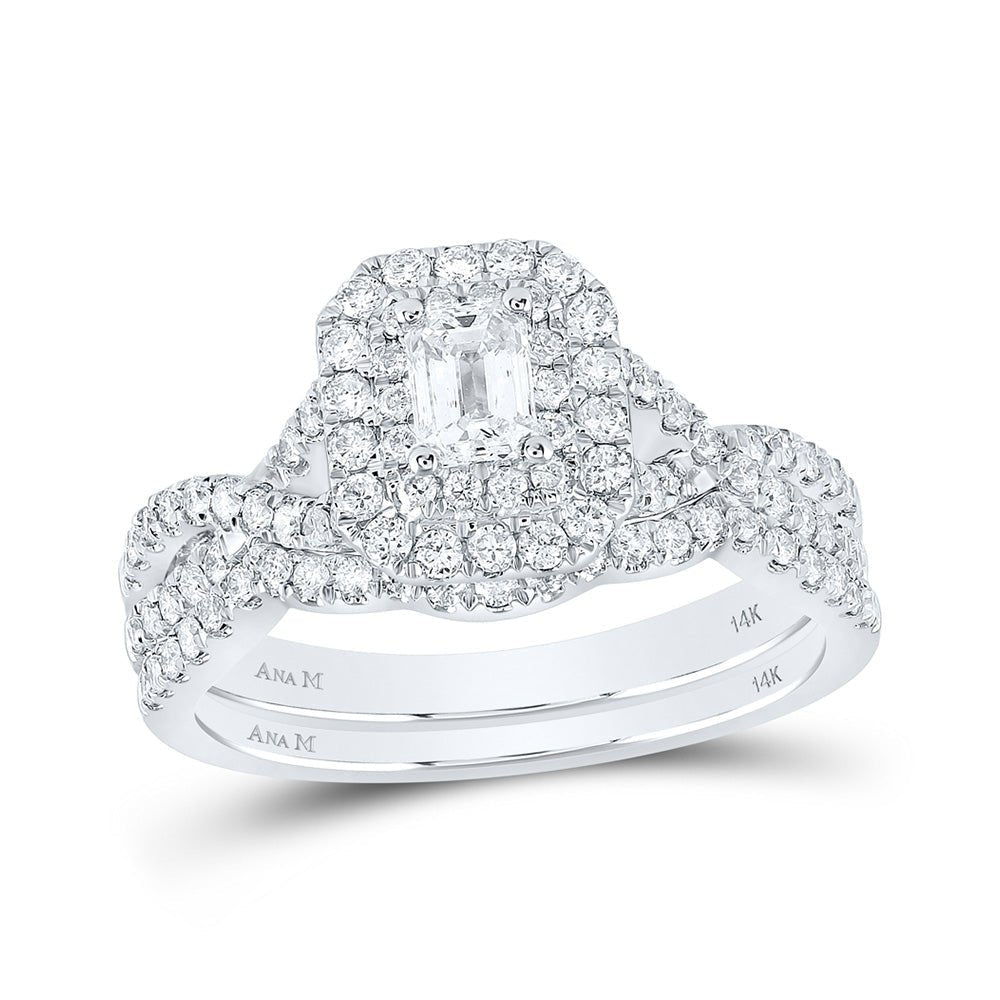 Enchanting Eternity: 14kt White Gold Emerald Diamond Halo Bridal Wedding Ring Band Set - Splendid Jewellery