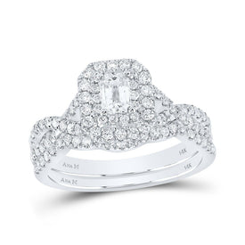 Enchanting Eternity: 14kt White Gold Emerald Diamond Halo Bridal Wedding Ring Band Set - Splendid Jewellery