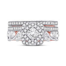 Load image into Gallery viewer, Enchanting Harmony: 14kt Two-tone Gold Princess Diamond Bridal Wedding Ring Band Set 1-1/3 Cttw - Front View