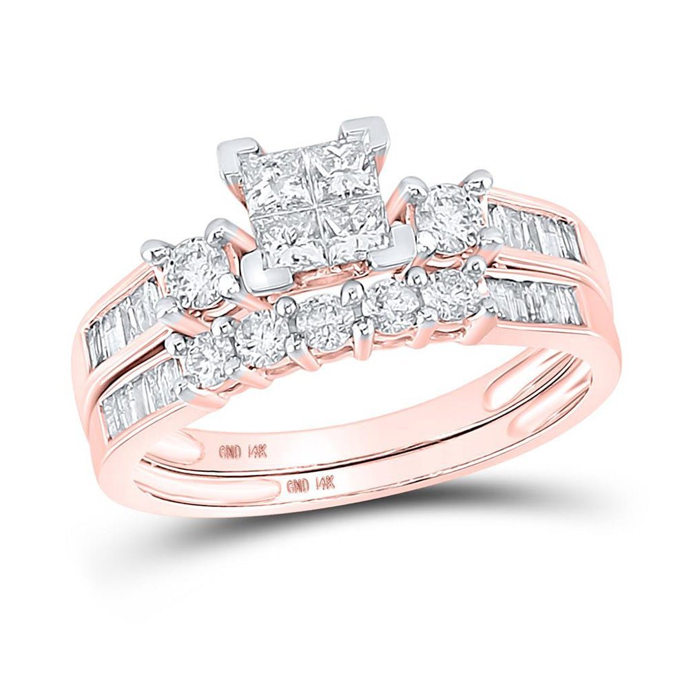 Enchanting Love Story | 10kt Rose Gold Princess Diamond Bridal Wedding Ring Band Set 7/8 Cttw - Splendid Jewellery