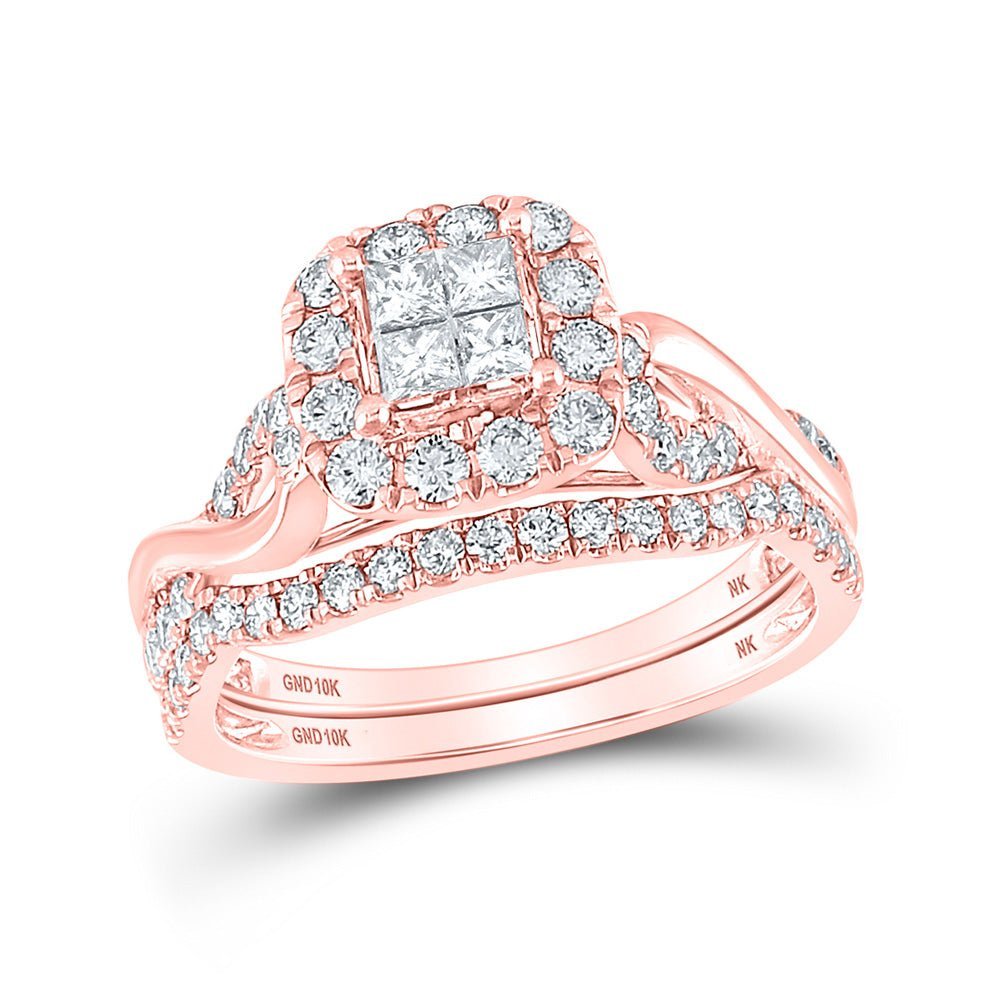 Enchanting Love Story | 10kt Rose Gold Princess Diamond Square Bridal Wedding Ring Band Set 1 Cttw | Splendid Jewellery - Splendid Jewellery