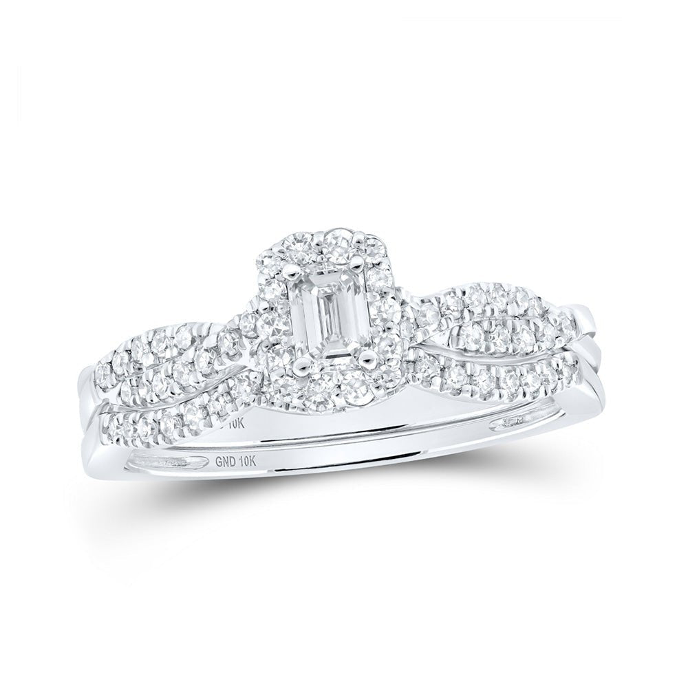 Enchanting Love Story | 10kt White Gold Emerald Diamond Halo Bridal Wedding Ring Band Set 1/2 Cttw - Splendid Jewellery