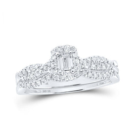 Enchanting Love Story | 10kt White Gold Emerald Diamond Halo Bridal Wedding Ring Band Set 1/2 Cttw - Splendid Jewellery
