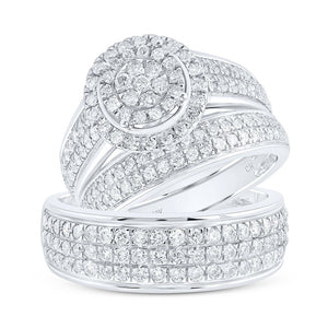 Enchanting Love Story | 10kt White Gold His Hers Round Diamond Cluster Matching Wedding Set 1 - 3/4 Cttw - Splendid Jewellery