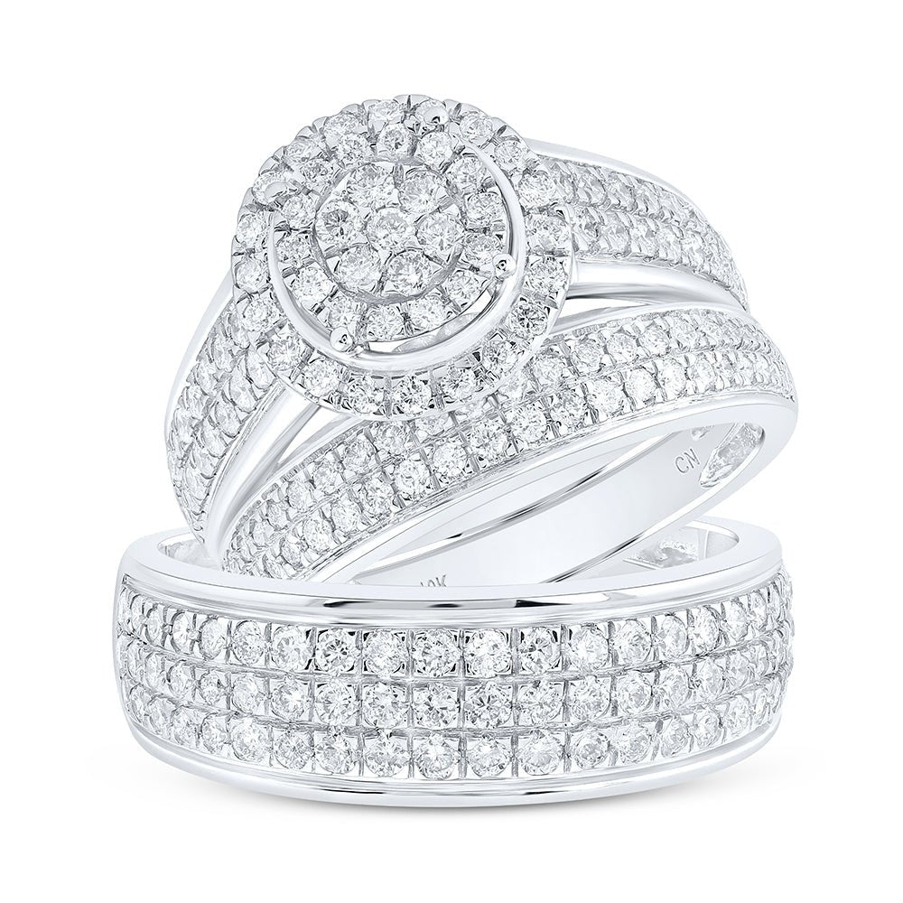 Enchanting Love Story | 10kt White Gold His Hers Round Diamond Cluster Matching Wedding Set 1 - 3/4 Cttw - Splendid Jewellery