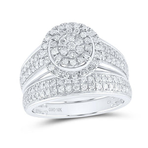 Enchanting Love Story | 10kt White Gold His Hers Round Diamond Cluster Matching Wedding Set 1 - 3/4 Cttw - Splendid Jewellery