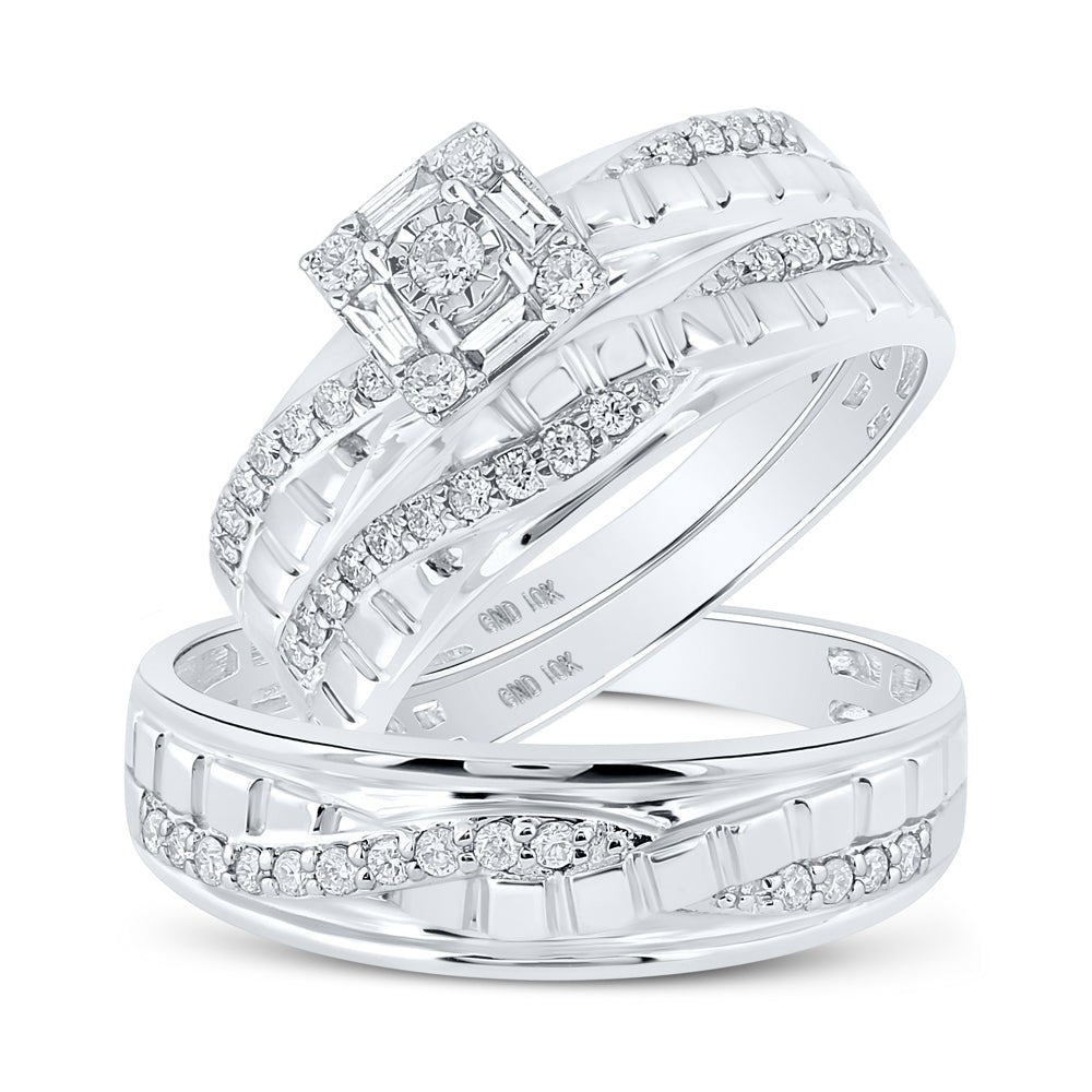 Enchanting Love Story | 10kt White Gold His Hers Round Diamond Square Matching Wedding Set 1/2 Cttw - Splendid Jewellery