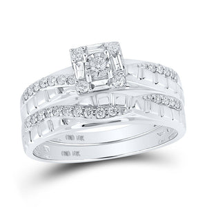 Enchanting Love Story | 10kt White Gold His Hers Round Diamond Square Matching Wedding Set 1/2 Cttw - Splendid Jewellery