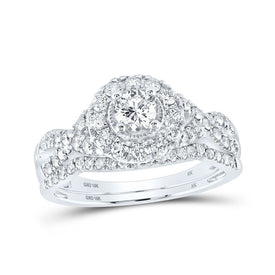 Enchanting Love Story | 10kt White Gold Round Diamond Halo Bridal Wedding Ring Band Set 1 Cttw - Splendid Jewellery
