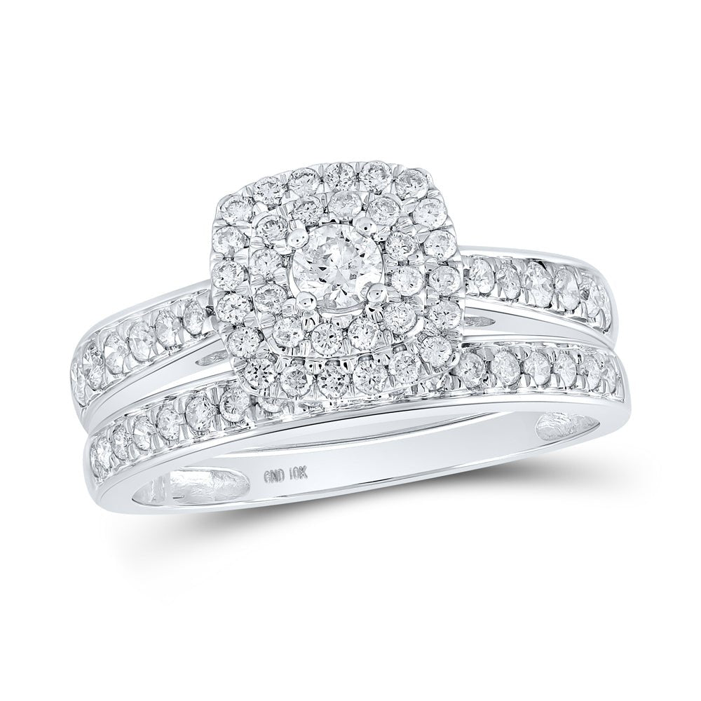 Enchanting Love Story | 10kt White Gold Round Diamond Halo Bridal Wedding Ring Band Set 3/4 Cttw - Splendid Jewellery