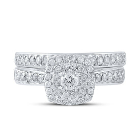 Enchanting Love Story | 10kt White Gold Round Diamond Halo Bridal Wedding Ring Band Set 3/4 Cttw - Alternate view 4 from Splendid Jewellery
