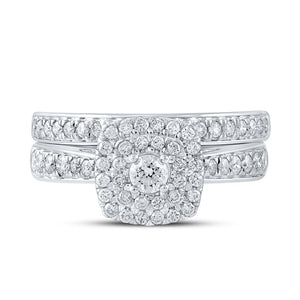 Enchanting Love Story | 10kt White Gold Round Diamond Halo Bridal Wedding Ring Band Set 3/4 Cttw - Splendid Jewellery