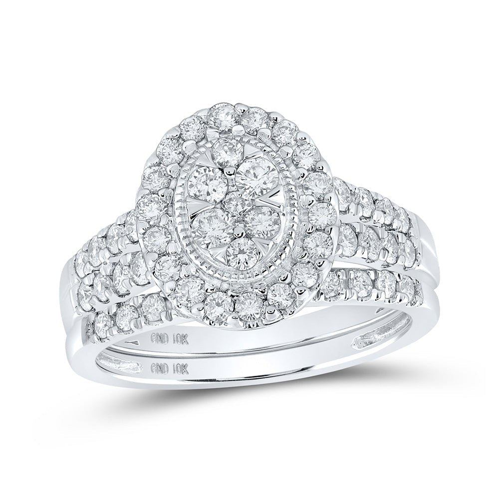 Enchanting Love Story | 10kt White Gold Round Diamond Oval Cluster Bridal Wedding Ring Band Set 1 Cttw | Splendid Jewellery - Splendid Jewellery