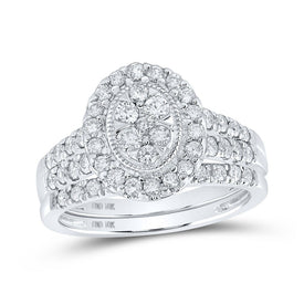 Enchanting Love Story | 10kt White Gold Round Diamond Oval Cluster Bridal Wedding Ring Band Set 1 Cttw | Splendid Jewellery - Splendid Jewellery