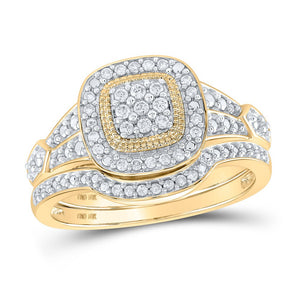 Enchanting Love Story | 10kt Yellow Gold Round Diamond Cluster Bridal Wedding Ring Band Set 1/5 Cttw - Splendid Jewellery