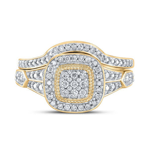 Enchanting Love Story | 10kt Yellow Gold Round Diamond Cluster Bridal Wedding Ring Band Set 1/5 Cttw - Splendid Jewellery