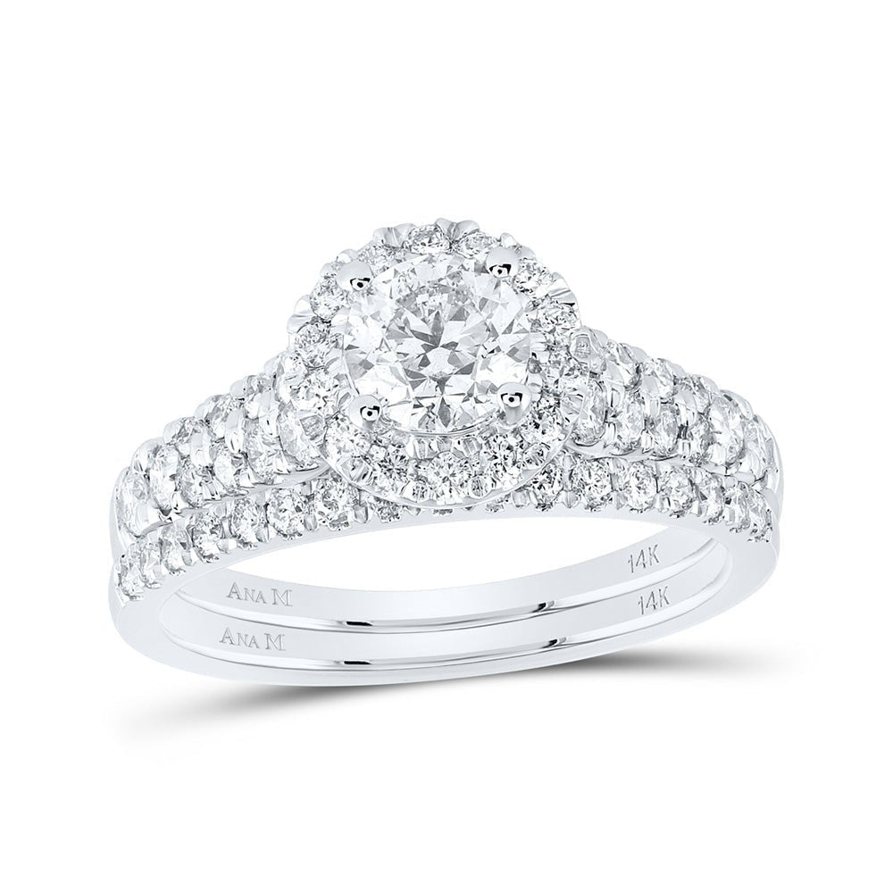 Enchanting Love Story | 14kt White Gold Emerald Diamond Halo Bridal Wedding Ring Band Set 1 - 1/2 Cttw - Splendid Jewellery