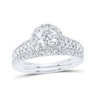 Enchanting Love Story | 14kt White Gold Emerald Diamond Halo Bridal Wedding Ring Band Set 1 - 1/2 Cttw - Splendid Jewellery