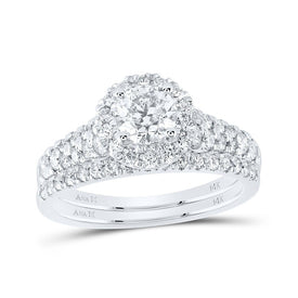 Enchanting Love Story | 14kt White Gold Emerald Diamond Halo Bridal Wedding Ring Band Set 1 - 1/2 Cttw - Splendid Jewellery