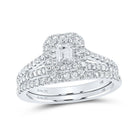 Enchanting Love Story 14kt White Gold Emerald Diamond Halo Bridal Wedding Ring Band Set - Splendid Jewellery