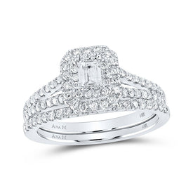 Enchanting Love Story 14kt White Gold Emerald Diamond Halo Bridal Wedding Ring Band Set - Splendid Jewellery