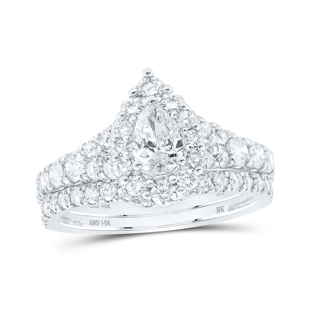 Enchanting Love Story | 14kt White Gold Pear Diamond Halo Bridal Wedding Ring Band Set 1 - 1/2 Cttw - Splendid Jewellery