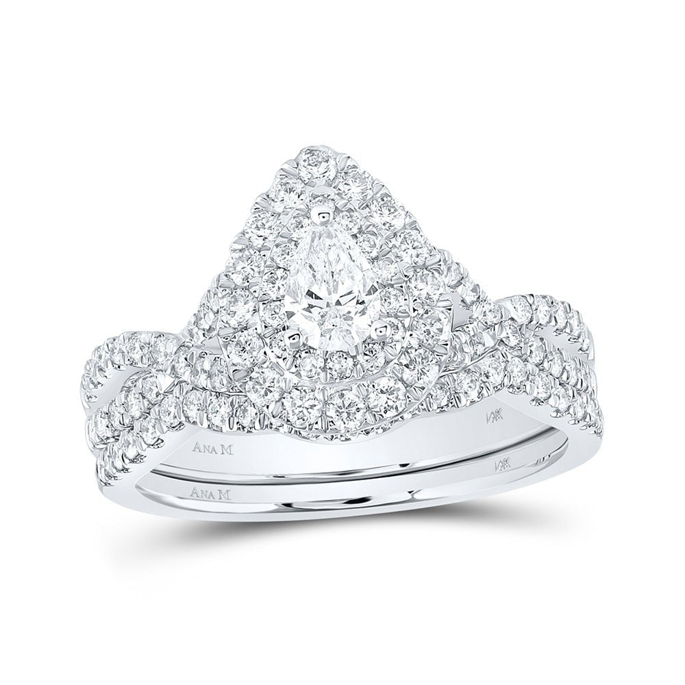 Enchanting Love Story | 14kt White Gold Pear Diamond Halo Bridal Wedding Ring Band Set 1 Cttw - Splendid Jewellery