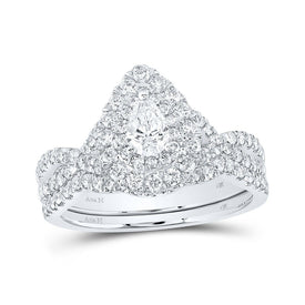 Enchanting Love Story | 14kt White Gold Pear Diamond Halo Bridal Wedding Ring Band Set 1 Cttw - Splendid Jewellery