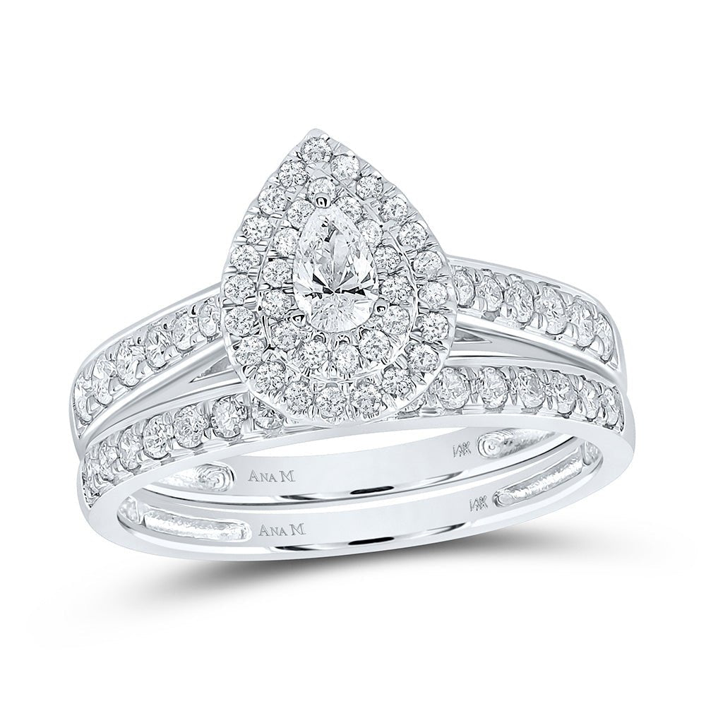 Enchanting Love Story | 14kt White Gold Pear Diamond Halo Bridal Wedding Ring Band Set 3/4 Cttw - Splendid Jewellery