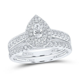 Enchanting Love Story | 14kt White Gold Pear Diamond Halo Bridal Wedding Ring Band Set 3/4 Cttw - Splendid Jewellery