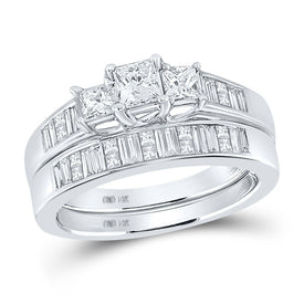 Enchanting Love Story | 14kt White Gold Princess Diamond 3 - Stone Bridal Wedding Ring Band Set 1 Cttw - Splendid Jewellery
