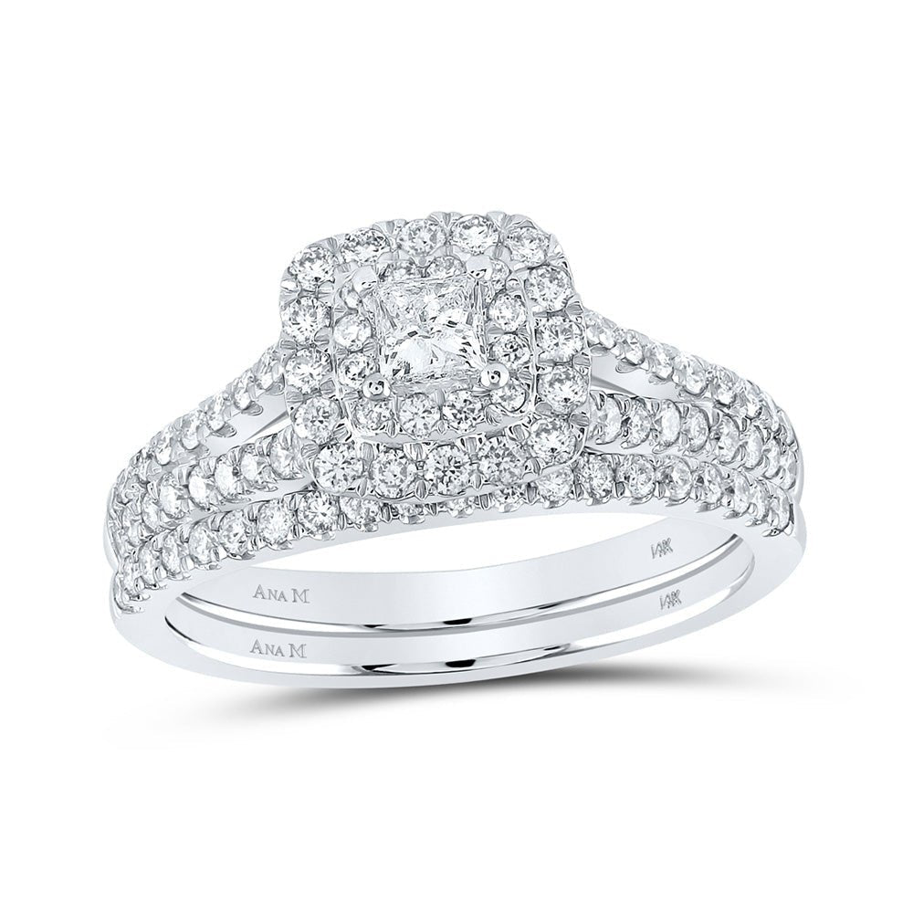 Enchanting Love Story | 14kt White Gold Princess Diamond Halo Bridal Wedding Ring Band Set 1 Cttw | Splendid Jewellery - Splendid Jewellery