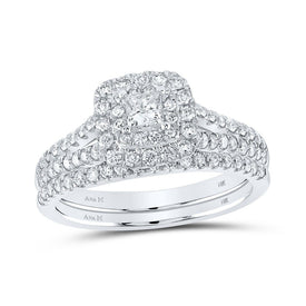 Enchanting Love Story | 14kt White Gold Princess Diamond Halo Bridal Wedding Ring Band Set 1 Cttw | Splendid Jewellery - Splendid Jewellery