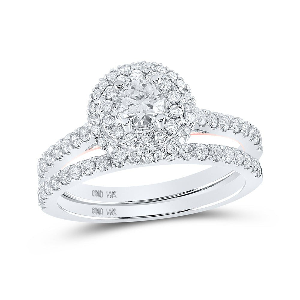 Enchanting Love Story | 14kt White Gold Round Diamond Halo Bridal Wedding Ring Band Set 1 Cttw | Splendid Jewellery - Splendid Jewellery