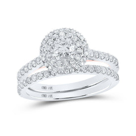 Enchanting Love Story | 14kt White Gold Round Diamond Halo Bridal Wedding Ring Band Set 1 Cttw | Splendid Jewellery - Splendid Jewellery