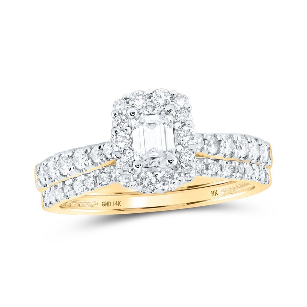 Enchanting Love Story | 14kt Yellow Gold Emerald Diamond Halo Bridal Wedding Ring Band Set 1 Cttw - Splendid Jewellery
