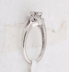 Enchanting Love's Embrace | 10kt White Gold Princess Round Diamond Cluster Bridal Wedding Engagement Ring 1/5 Cttw Top View from Splendid Jewellery