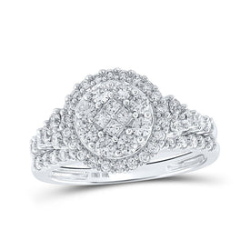 Enchanting Princess Diamond Cluster Wedding Ring Set in 10kt White Gold - Splendid Jewellery