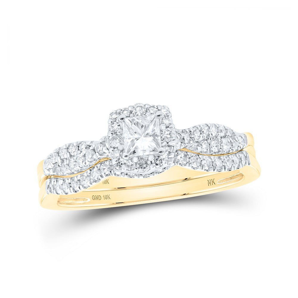 Enchanting Princess Diamond Halo Bridal Wedding Ring Band Set in 10kt Yellow Gold - Splendid Jewellery