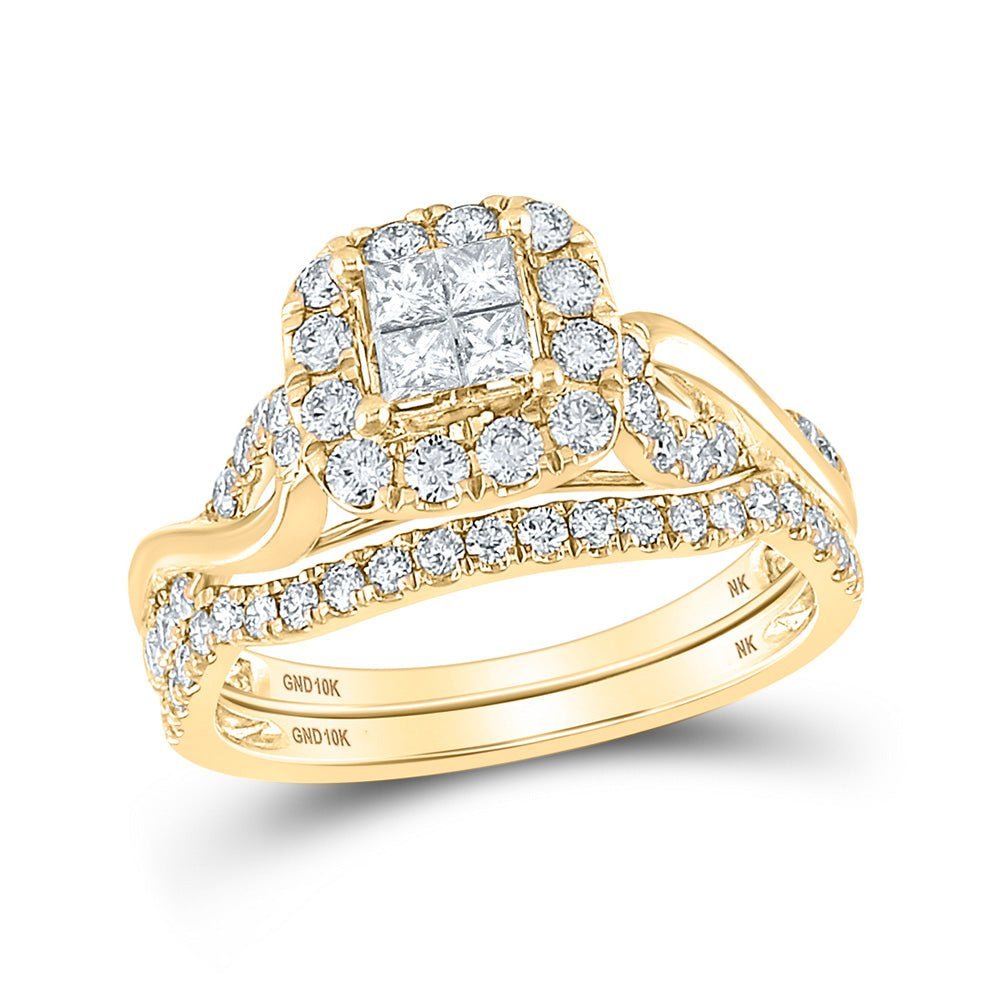 Enchanting Radiance: 10kt Yellow Gold Princess Diamond Square Bridal Wedding Ring Band Set 1 Cttw - Splendid Jewellery