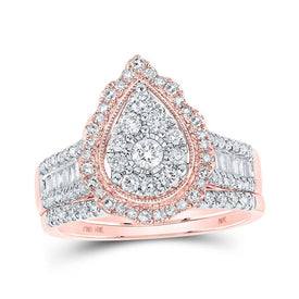Enchanting Rose Gold Diamond Teardrop Bridal Wedding Ring Set - Splendid Jewellery