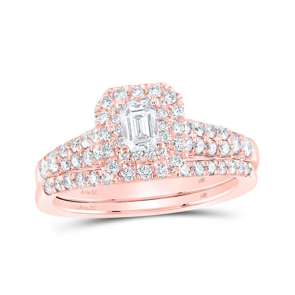 Enchanting Rose Gold Emerald Diamond Halo Wedding Ring Set - Splendid Jewellery