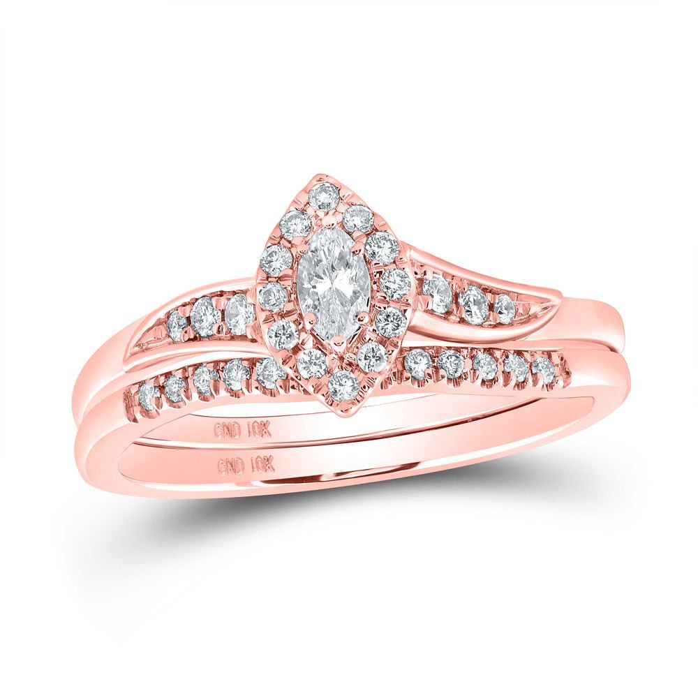 Enchanting Rose Gold Marquise Diamond Halo Bridal Wedding Ring Set - Splendid Jewellery