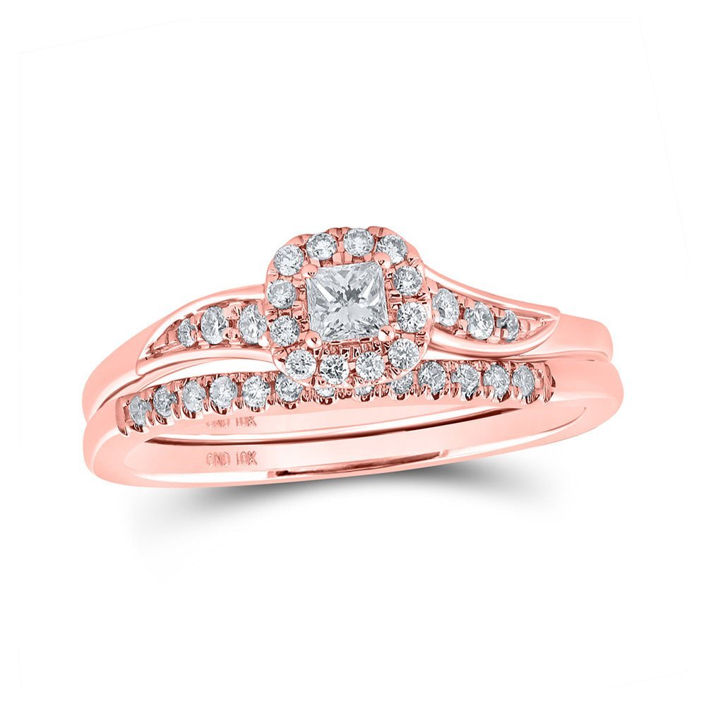 Enchanting Rose Gold Princess Diamond Halo Bridal Wedding Ring Set - Splendid Jewellery