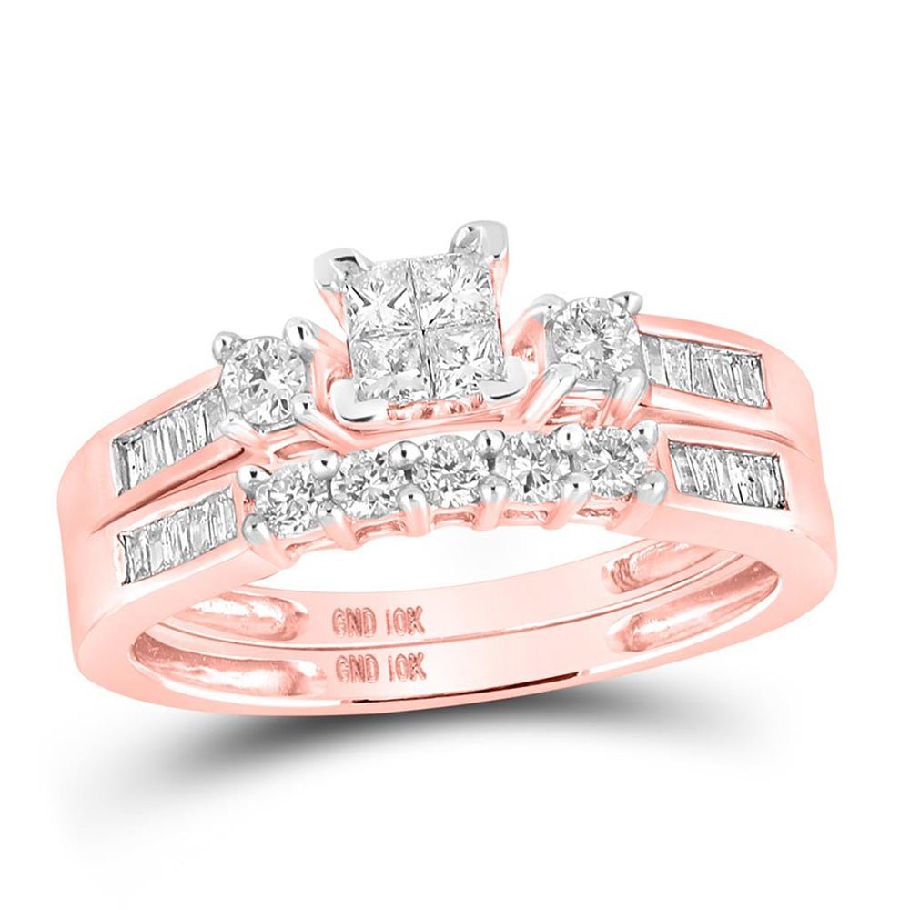Enchanting Rose Gold Princess Diamond Square Bridal Wedding Ring Set - Splendid Jewellery